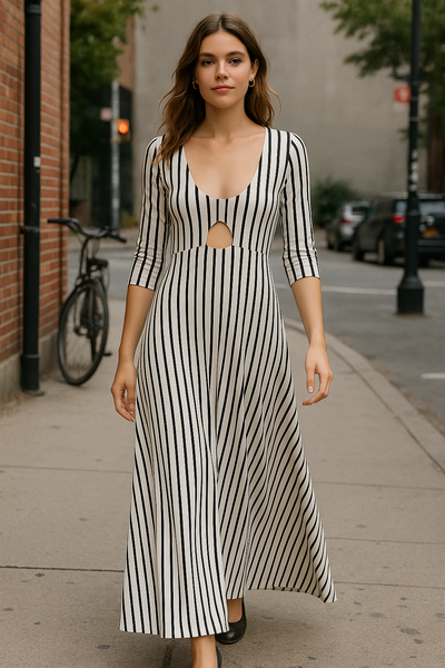 Black Striped 3/4 Cut Out Maxi Dress