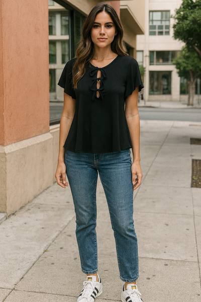 Bow Tie Top Flare Sleeve- Black