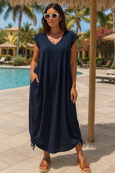 OS Mini Cap Sleeve Maxi-dress pockets - Navy