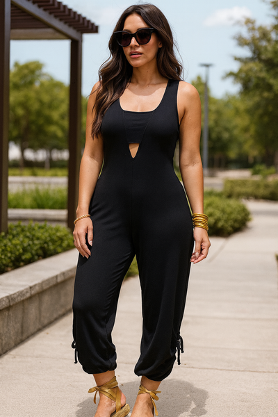 Black Deep Neck Scrunch Jumpsuit