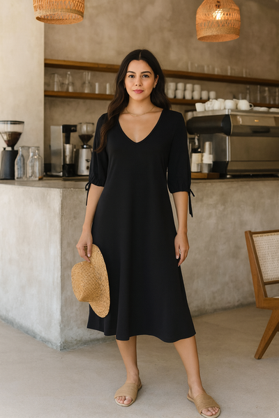 3/4 Lacey Sleeve Midi Dress - Black