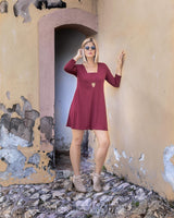 Deep Neck 3/4 Mini Dress- Sangria