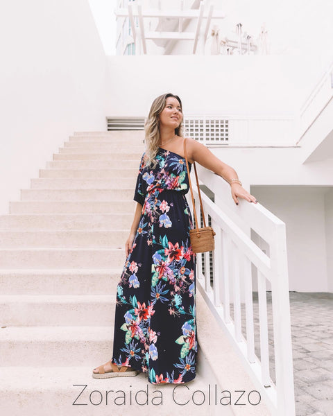 3/4 One Shoulder Floral Maxi Dress